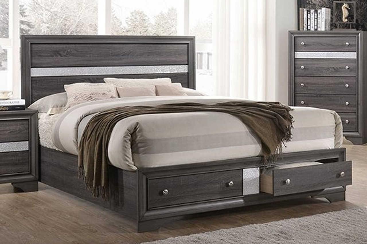Hannah Grey Nightstand showing storage drawer