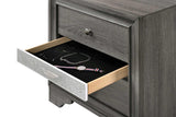 Hannah Grey Nightstand next to queen bed