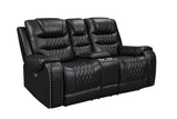 Harley Black Power Reclining Sofa showing drop-down table with outlets