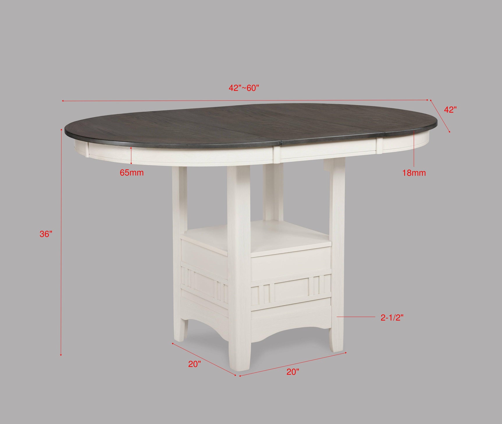 Hartwell chalk gray oval extendable counter height dining table side view