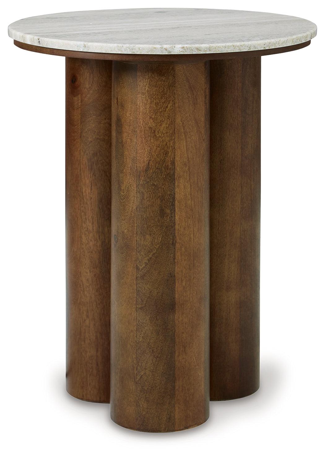 Close-up of beige marble top on Henfield Accent Table