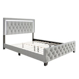 Oluma gray upholstered tufted panel full platform bed close-up on headboard