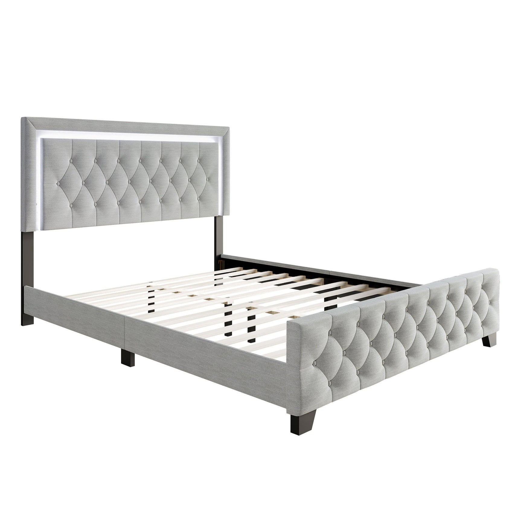 Oluma gray upholstered tufted panel full platform bed close-up on headboard