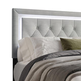 Oluma gray upholstered tufted panel full platform bed angled corner view