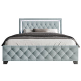 Side profile of Oluma taupe upholstered tufted full platform bed