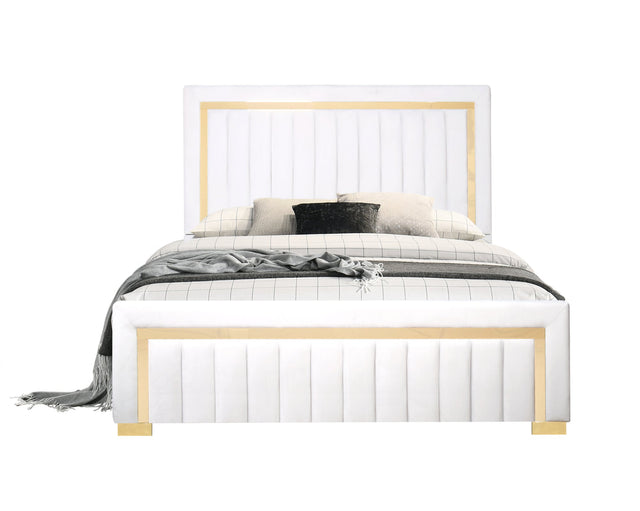 Henry Full Bed beige upholstered panel headboard front view