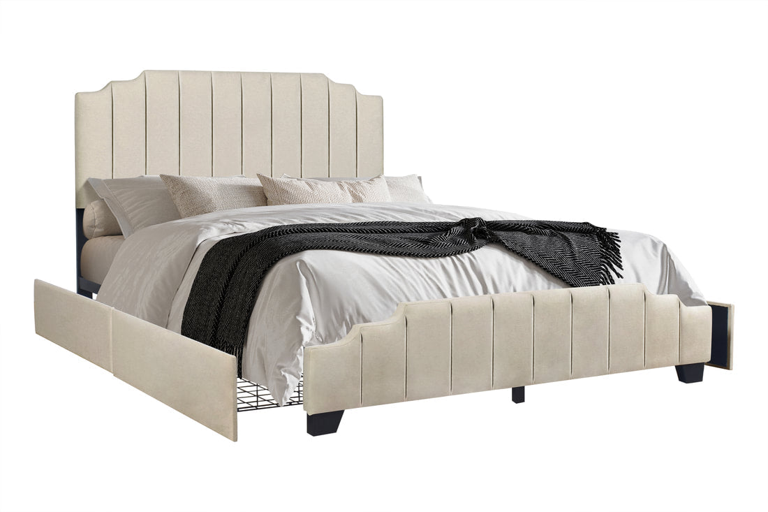 Jaddy Beige Velvet Upholstered Platform Queen Bed