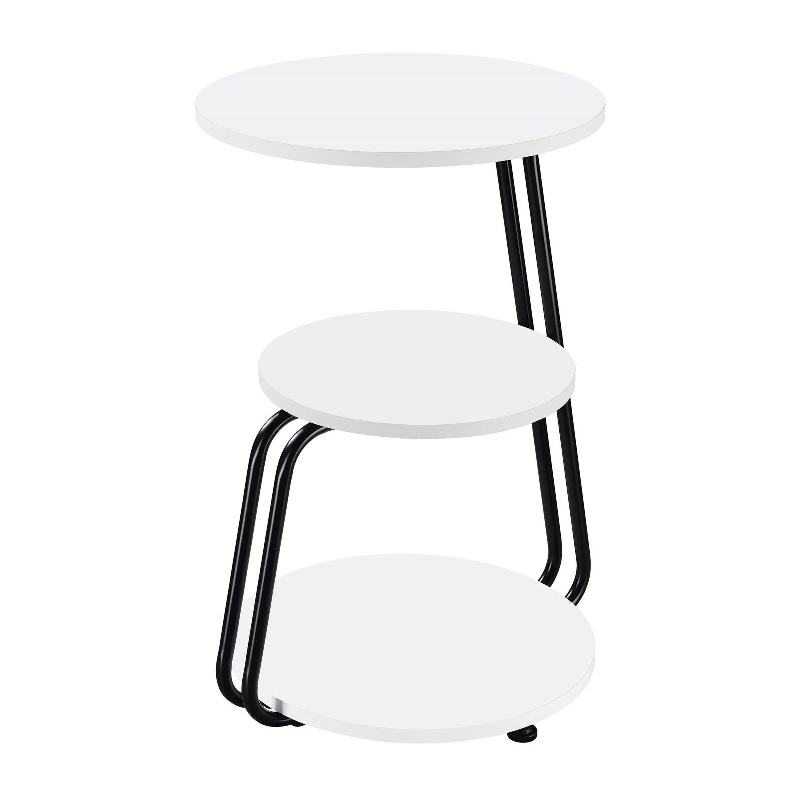Hilly 3-Tier Round Side Table with white tabletops and black metal frame, front angle