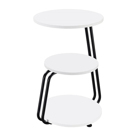 Hilly 3-Tier Round Side Table with white tabletops and black metal frame, front angle