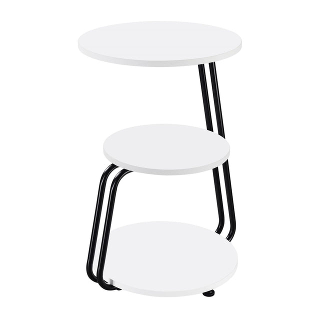 Hilly 3-Tier Round Side Table with white tabletops and black metal frame, front angle