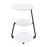 Side view of three-tier round side table showing different sized shelves