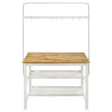 Two white metal frame counter stools with hardwood seats