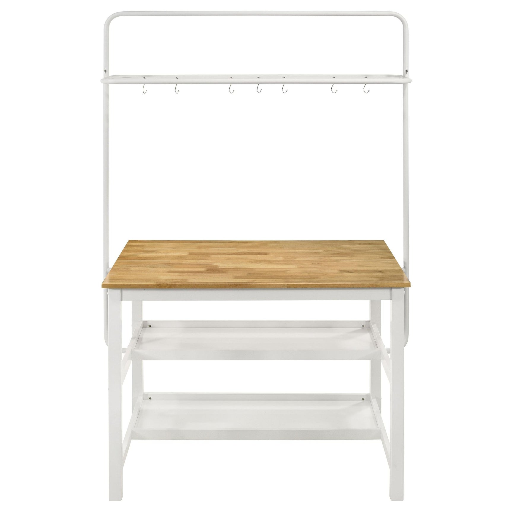 Two white metal frame counter stools with hardwood seats