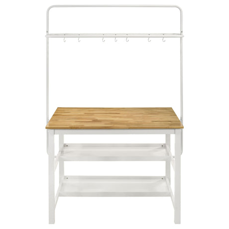Two white metal frame counter stools with hardwood seats