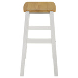 Detailed view of metal frame and wooden seat on stool