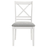 Light gray upholstered seat on Hollis white wood chair