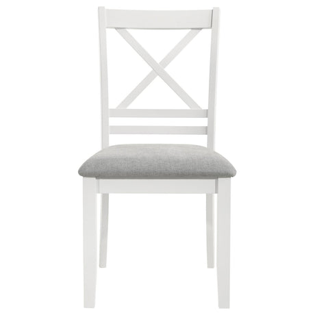 Light gray upholstered seat on Hollis white wood chair