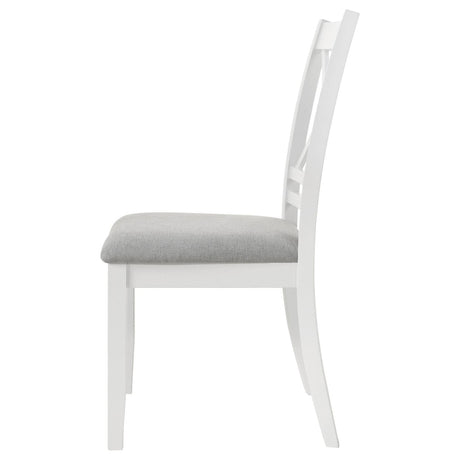 Set of 2 white wood dining side chairs with upholstery