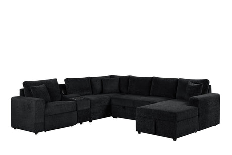 Main view of Hunter Black fabric sectional with Bluetooth speaker and pull-out bed