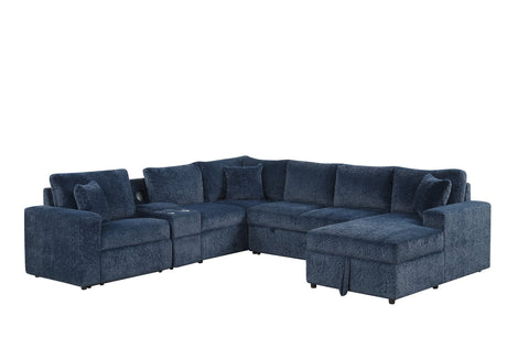 Main view of Hunter Blue fabric sectional with Bluetooth speaker and pull-out bed