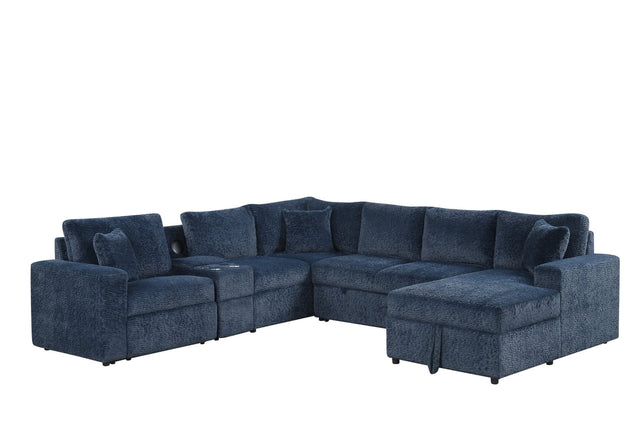 Main view of Hunter Blue fabric sectional with Bluetooth speaker and pull-out bed