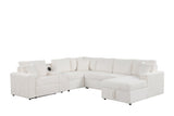 Front view of Hunter White Fabric Sectional with Bluetooth speaker and pull-out bed