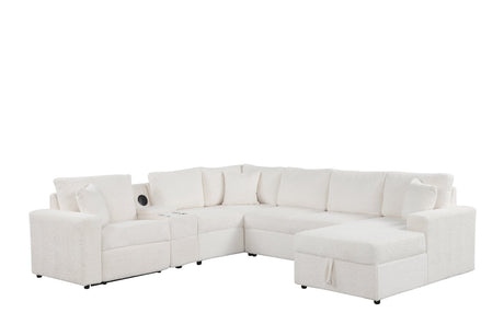 Front view of Hunter White Fabric Sectional with Bluetooth speaker and pull-out bed
