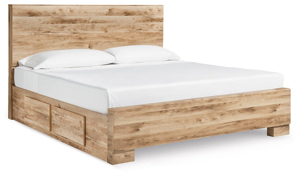 Hyanna tan brown king panel bed front angle with headboard and storage drawers