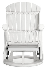 Back view showing rain-shedding slats of chair