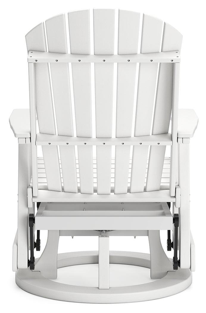 Back view showing rain-shedding slats of chair