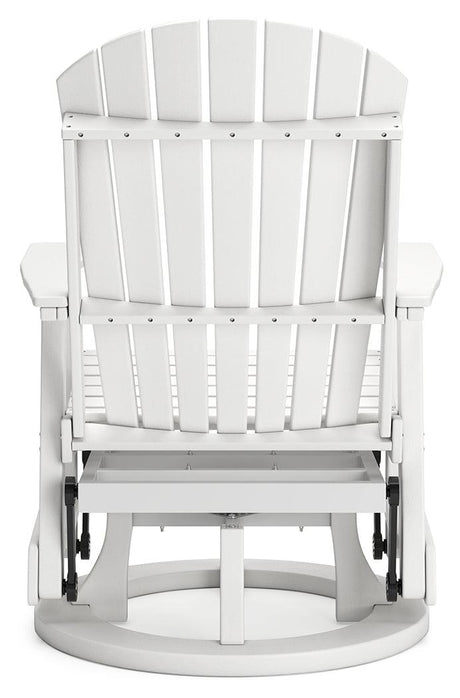 Back view showing rain-shedding slats of chair