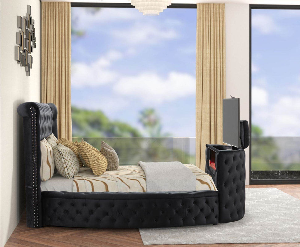 Patron Black Platform King Bed w Fireplace
