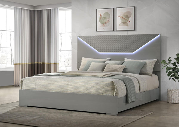 Ives Eastern King Panel Bed LED Headboard Grey High Gloss view 2