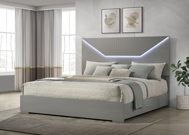 Ives Eastern King Panel Bed LED Headboard Grey High Gloss view 2