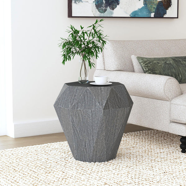 Side view of Jacinto Octagonal solid mango wood side table in grey