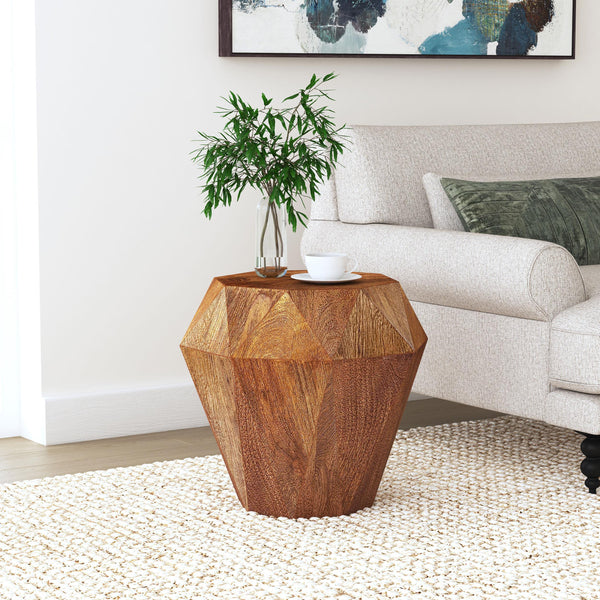 Octagonal mango wood side table natural brown close-up on grain