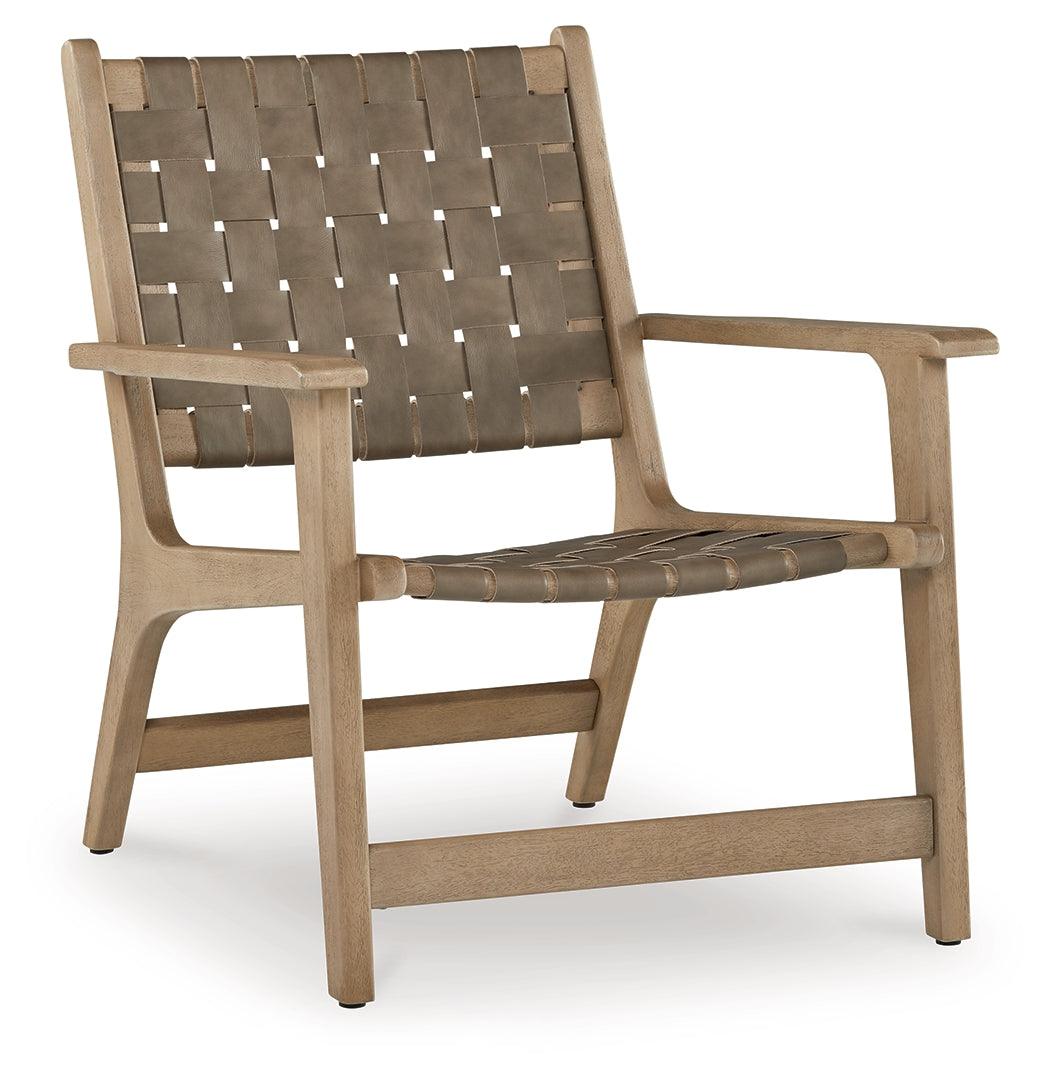 Jameset Taupe leather accent chair side view