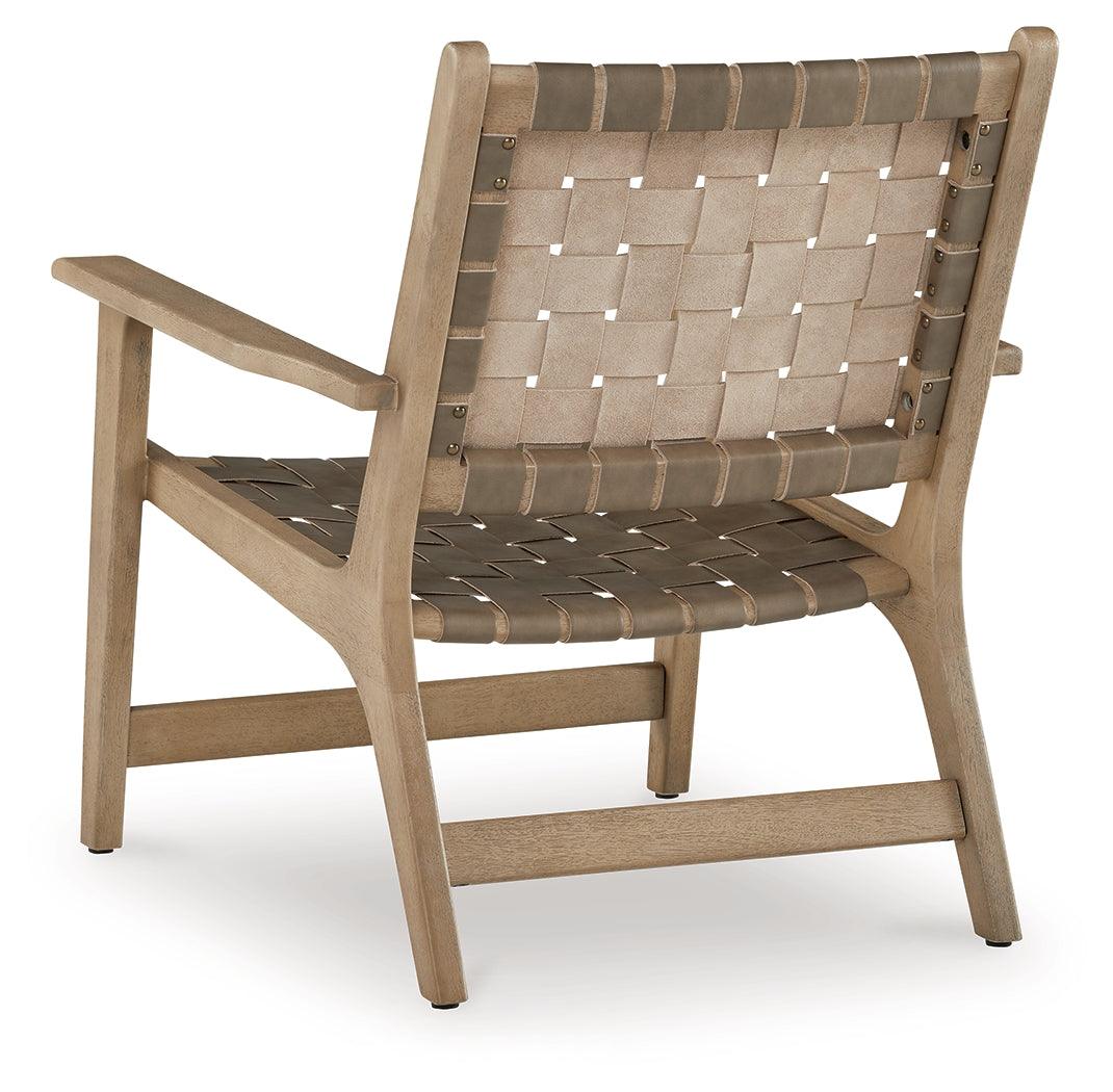 Jameset Taupe leather accent chair wooden legs detail