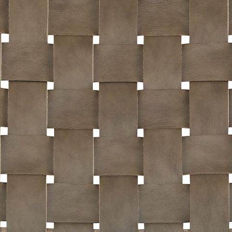Jameset Taupe leather accent chair angled in living room setup