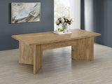 Side view of Jamestown rectangular mango brown dining table with V-shaped pedestal