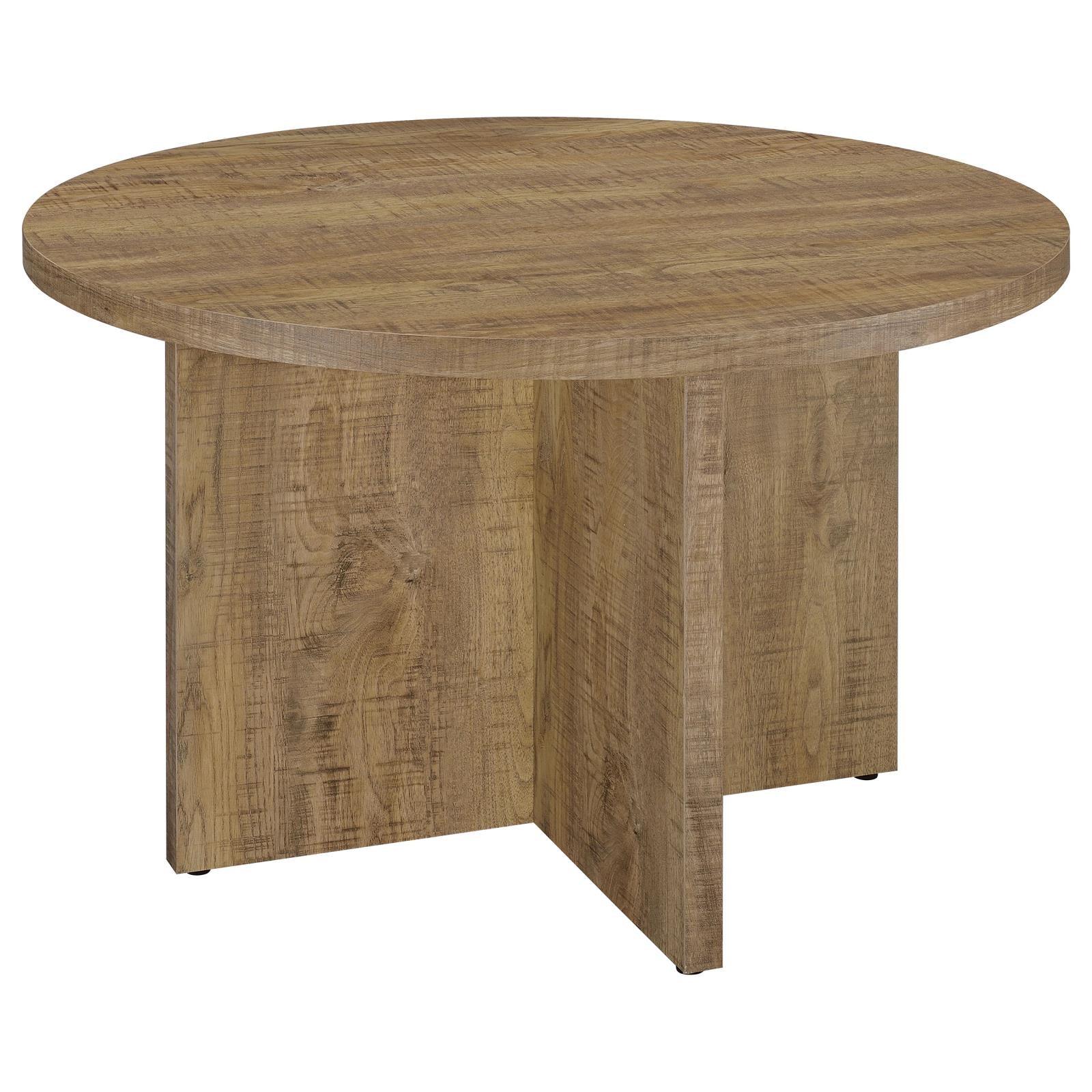 Jamestown round mango brown engineered wood dining table front angle
