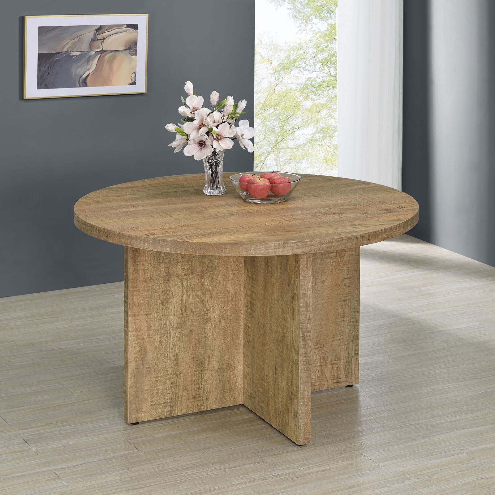 Jamestown dining table X-cross base detail in mango brown finish