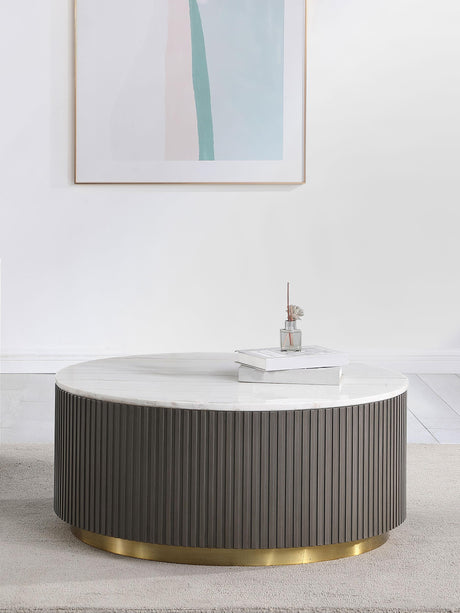 Jason Round marble coffee table showing metal frame and marble surface