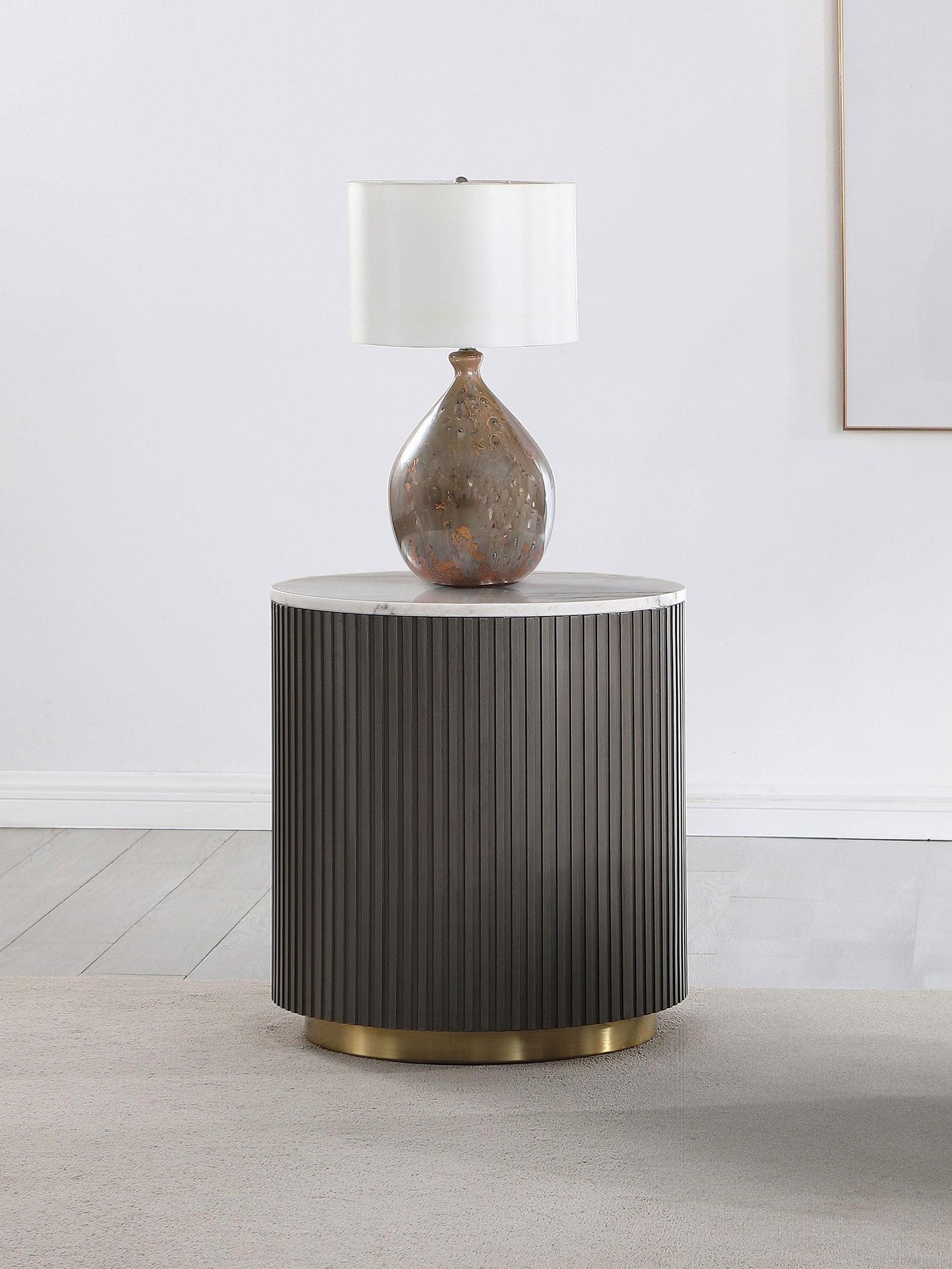 Close-up of white marble top on Jason Round Side Table