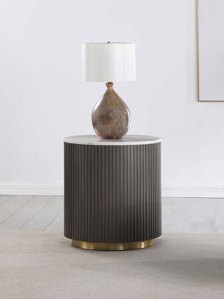 Close-up of white marble top on Jason Round Side Table