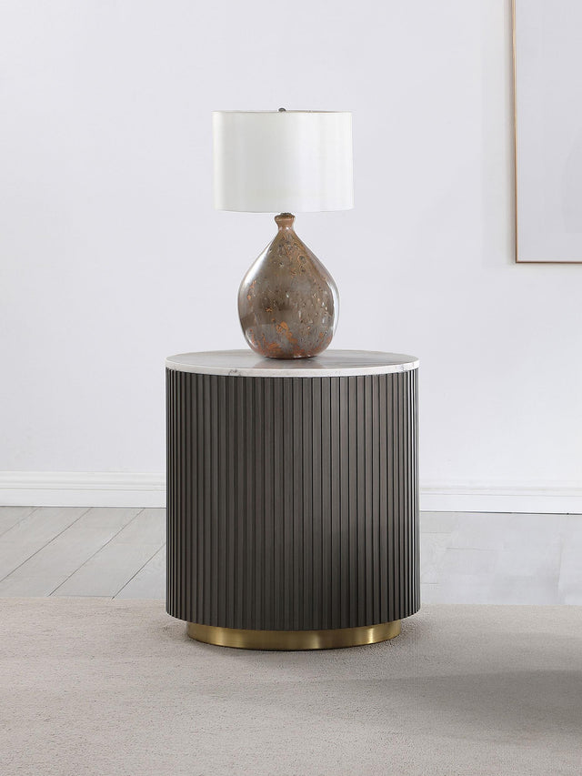Close-up of white marble top on Jason Round Side Table