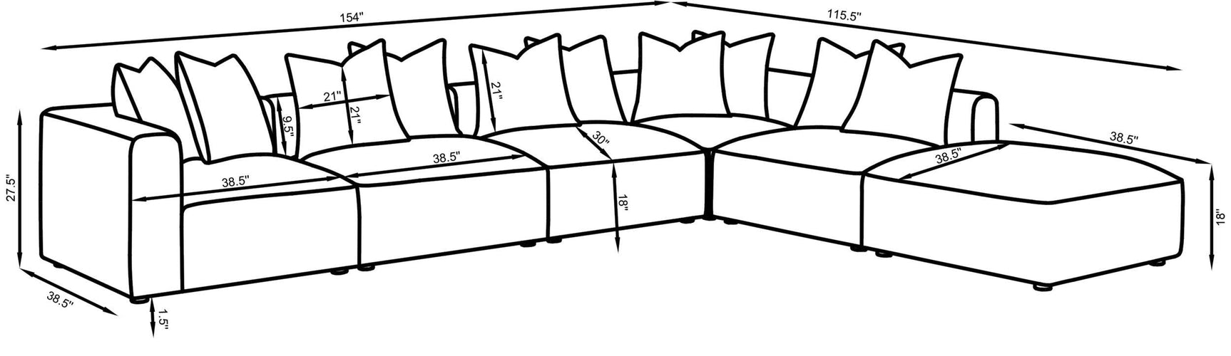Front view of Jennifer 6-piece upholstered sectional sofa