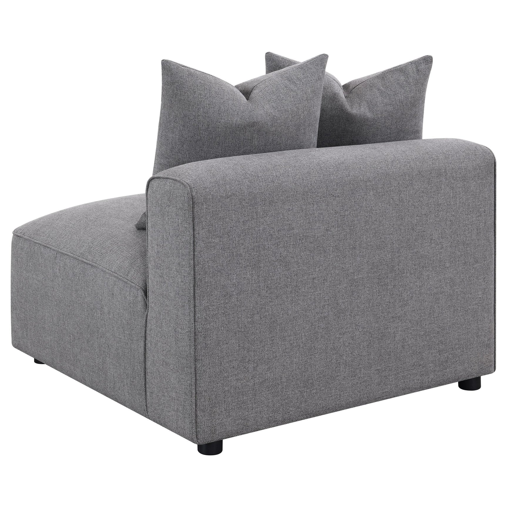 Jennifer grey upholstered armless chair scatter pillows detail