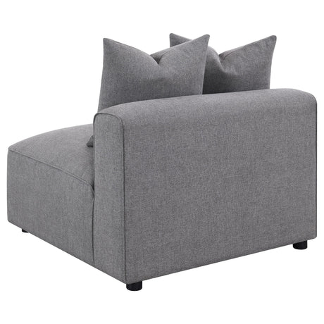 Jennifer grey upholstered armless chair scatter pillows detail