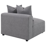 Jennifer grey upholstered armless chair black plastic legs
